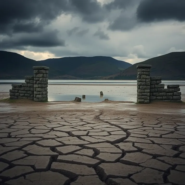 A drowned village emerging from a low reservoir