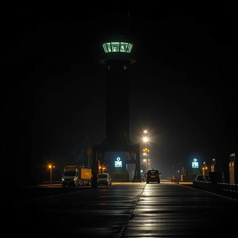 A harbour control tower lit against a dark quay