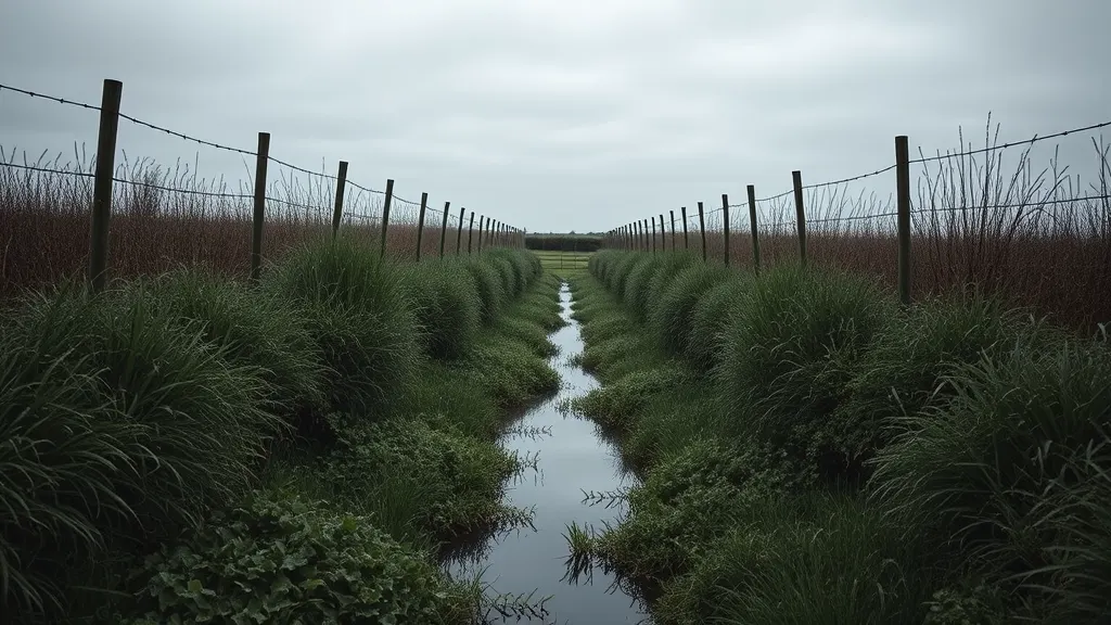 A narrow river bank fenced on both sides
