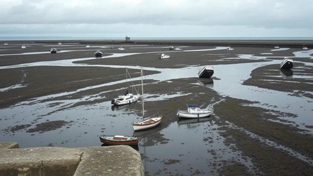 An estuary at low tide seen from a sea wall
